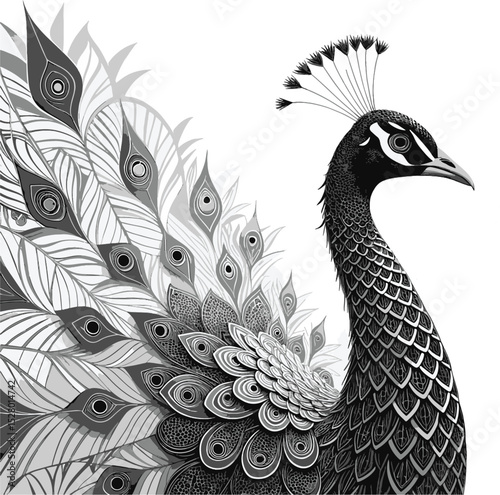 Majestic Peacock in Monochrome: A stunning monochrome depiction of a peacock, showcasing its exquisite fan of feathers adorned with intricate mandala-inspired patterns, exuding elegance and serenity.