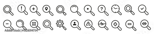Magnifying glass loupe icon collection. Set of black magnifying glass signs. Search, zoom, look, find symbol collection
