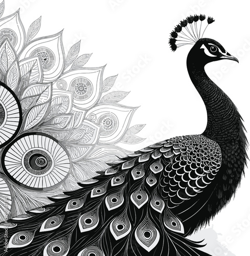 Majestic Peacock in Monochrome: A stunning monochrome depiction of a peacock, showcasing its exquisite fan of feathers adorned with intricate mandala-inspired patterns, exuding elegance and serenity.