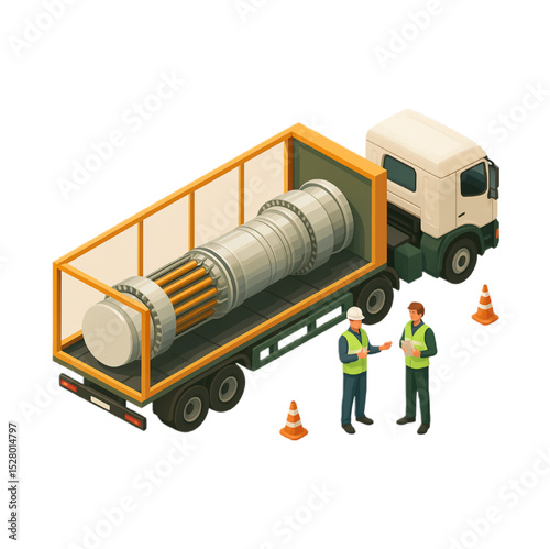 Two engineers inspect large industrial equipment on a flatbed truck ensuring safe delivery logistics and heavy machinery transportation.
