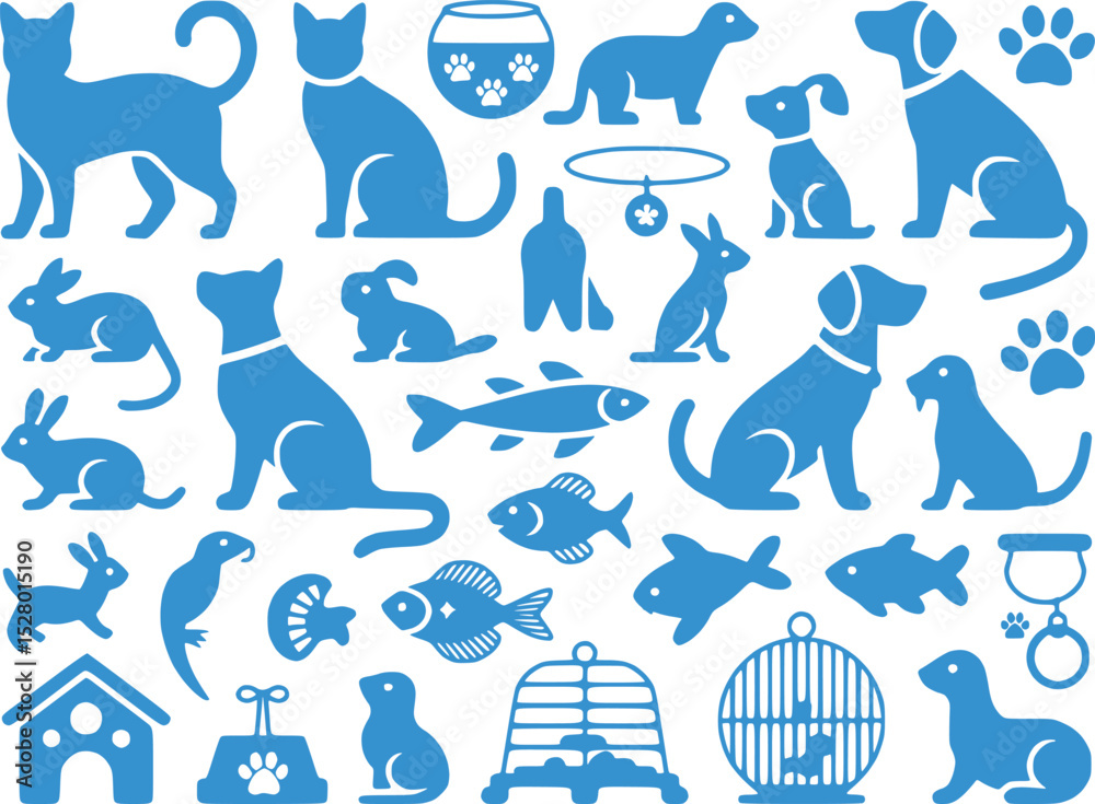 Fototapeta premium Pet Animal Silhouettes Icon Set Cats Dogs Fish Small Animals Vector 