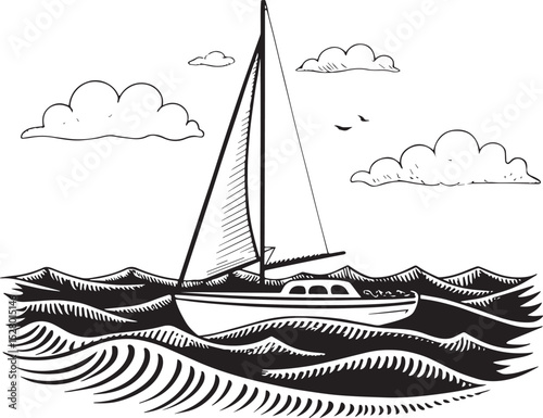 Sailing into Serenity: A minimalist illustration captures a sailboat gliding peacefully on calm waters under the serene watch of a crescent moon. Embrace the tranquil scene with graphic line art.