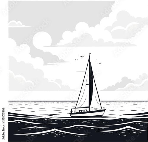 Sailing into Serenity: A minimalist illustration captures a sailboat gliding peacefully on calm waters under the serene watch of a crescent moon. Embrace the tranquil scene with graphic line art.