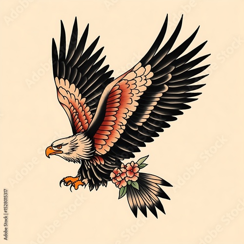 Flying eagle with spread wings and floral details in old school tattoo style for retro art collections