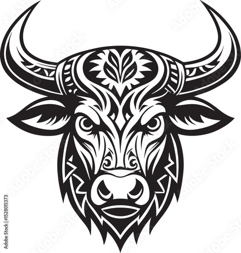 Tribal Bull Head: A striking black and white illustration showcases a detailed tribal design of a bull's head, exuding strength, power, and cultural significance.