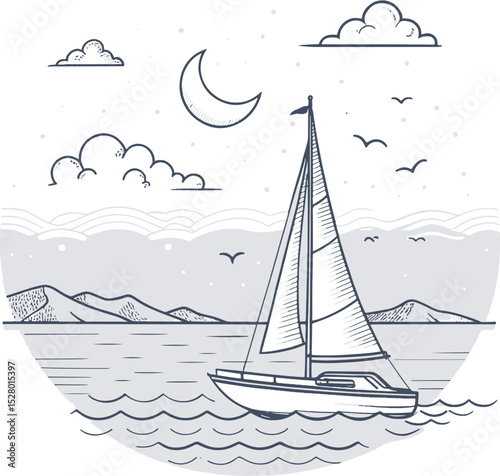 Sailing into Serenity: A minimalist illustration captures a sailboat gliding peacefully on calm waters under the serene watch of a crescent moon. Embrace the tranquil scene with graphic line art.
