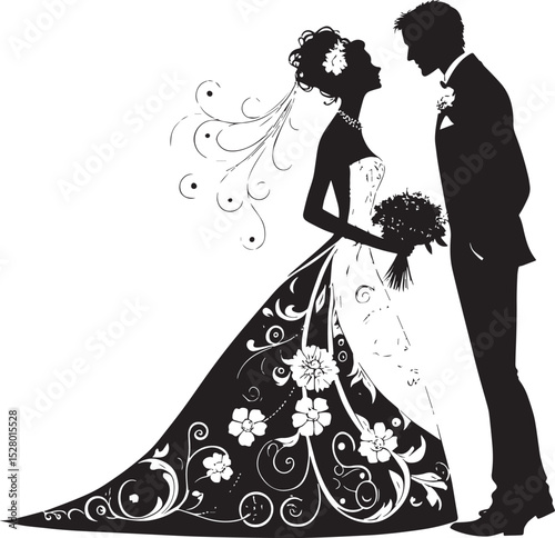 Silhouette of love: A romantic silhouette captures the essence of a couple's love, standing before an ornate floral archway, and embracing the dawn of their new journey.
