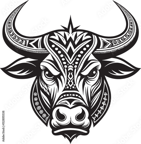 Tribal Bull Head: A striking black and white illustration showcases a detailed tribal design of a bull's head, exuding strength, power, and cultural significance.