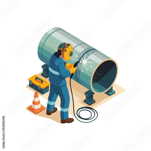 Welder working on large metal pipe construction industrial site safety equipment isometric illustration