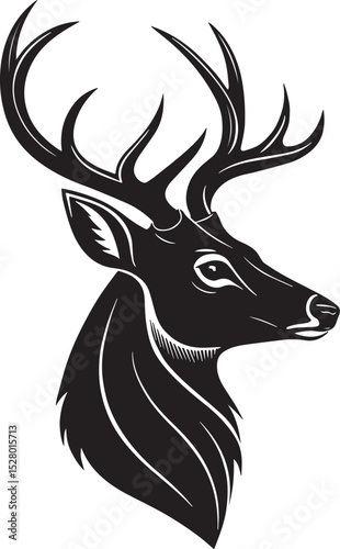 Majestic Stag Silhouette: A regal stag, rendered in a stark black silhouette, its magnificent antlers commanding attention against a bright background.