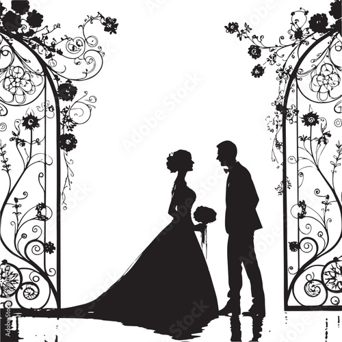 Silhouette of love: A romantic silhouette captures the essence of a couple's love, standing before an ornate floral archway, and embracing the dawn of their new journey.