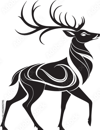 Majestic Stag Silhouette: A regal stag, rendered in a stark black silhouette, its magnificent antlers commanding attention against a bright background.