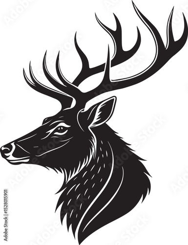 Majestic Stag Silhouette: A regal stag, rendered in a stark black silhouette, its magnificent antlers commanding attention against a bright background.