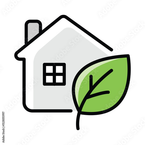 House with a green leaf on the roof, symbolizing ecofriendly living. Ideal for environmental, sustainable, real estate, and architecture concepts.