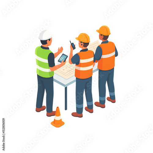 Three construction workers collaborate over detailed blueprints, utilizing tablets and communication devices for efficient project management and planning.
