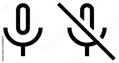 Set of outline vector icons showing microphone and muted microphone. Minimal black line symbols for audio, voice input, podcast, mute, and sound settings. Icons, vector, symbols.