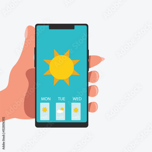 Hand holding smartphone sunny weather forecast on the phone screen with a weather forecast icon vector illustration.