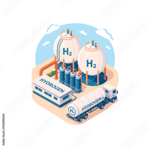 Isometric Illustration of Hydrogen Production Plant Fueling a Truck for Clean Energy Solutions