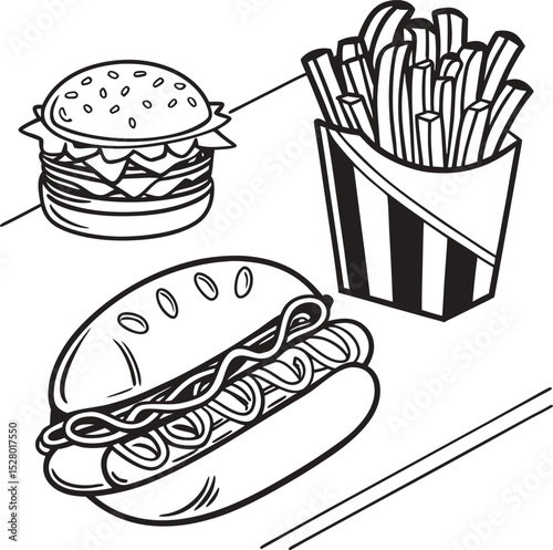 A vibrant vector illustration set of cartoon fast food icons, perfect for describing a meal with a hamburger, fries, soda, pizza, and hot dog snacks