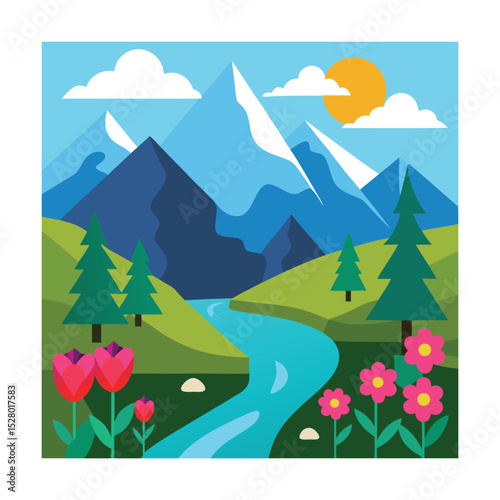 Flat Vector Mountain Landscape with River, Flowers, and Evergreen Trees


