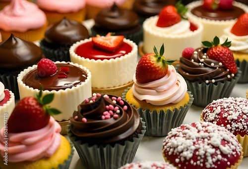 A collection of cupcakes and mini cakes with various toppings, including chocolate, raspberry, strawberry, and powdered sugar, displayed in a bakery or confectionery setting
