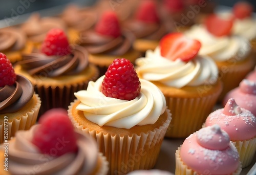 A collection of cupcakes and mini cakes with various toppings, including chocolate, raspberry, strawberry, and powdered sugar, displayed in a bakery or confectionery setting