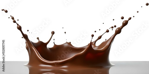 Chocolate splash with drops and ripples, liquid texture, dynamic movement, smooth surface, rich brown color, isolated on a white background