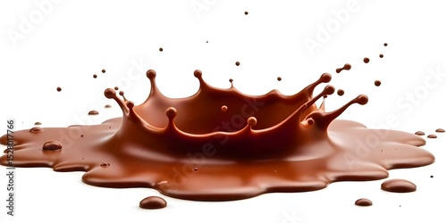 Chocolate splash with drops and ripples, liquid texture, dynamic movement, smooth surface, rich brown color, isolated on a white background