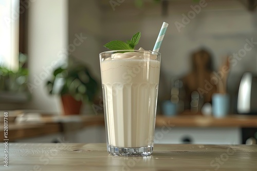 vibrant color picture of Glass with delicious milk shake on table indoors