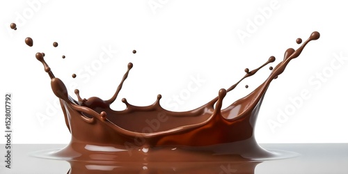 Chocolate splash with drops and ripples, liquid texture, dynamic movement, smooth surface, rich brown color, isolated on a white background