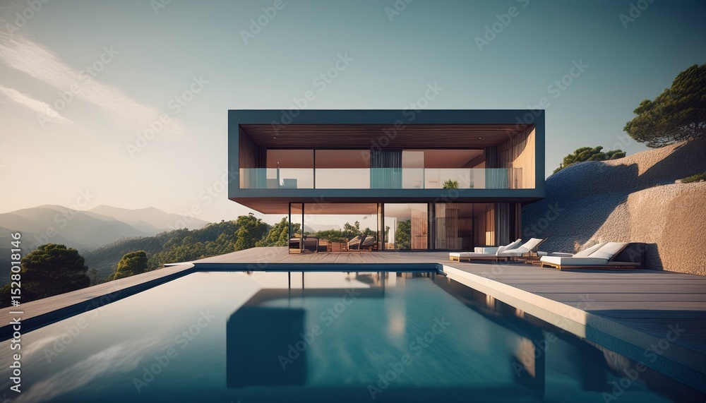 Obraz premium modern minimalist cube villa on hill with pool and balcony in serene surroundings urban oasis contemporary design