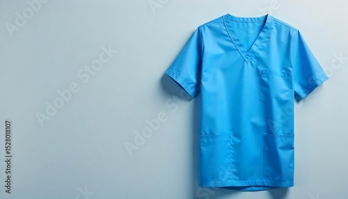 Blue medical uniform scrubs mockup on grey background. Hospital worker outfit apparel, garment, personal protective clothing. Nursing, doctor, surgeon wear for clinic, created with generative ai