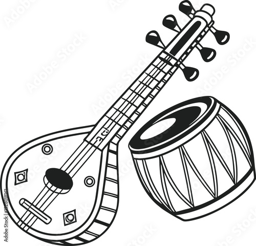 Musical instruments vector set illustration featuring electric and acoustic string guitars for rock, jazz, and blues sound
