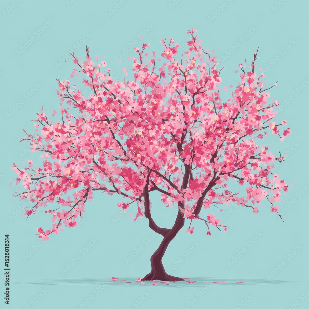 Obraz premium Vibrant pink cherry blossom tree against a pale teal background.