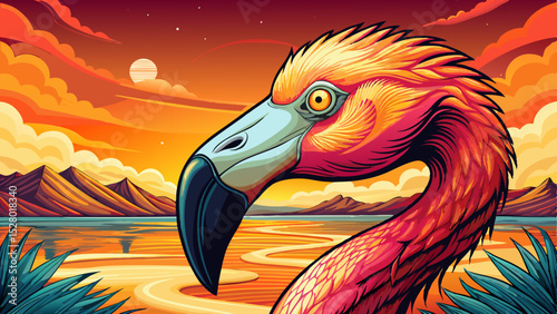 Vector illustration of a graceful flamingo standing in a shallow tropical lagoon perfect for summer themes, wildlife scenes, and exotic nature designs