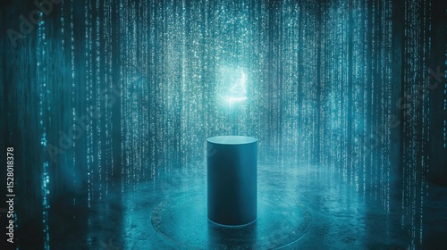 Dark, futuristic pedestal illuminated by glowing binary code.