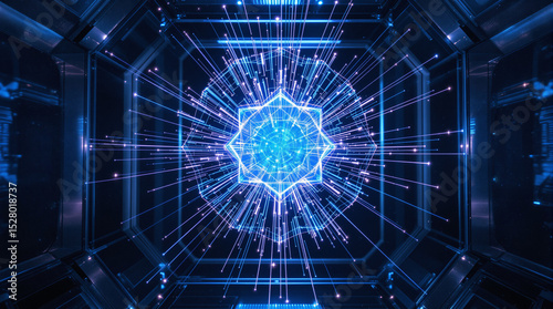 A glowing geometric starburst hologram in a futuristic high-tech chamber, symbolizing advanced technology, innovation, and digital transformation.