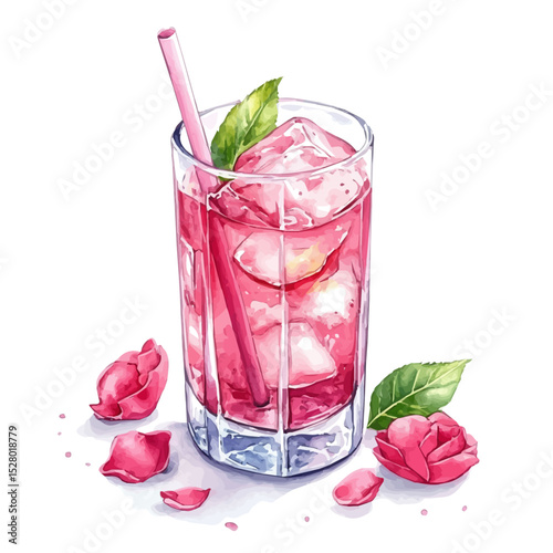 Rosewater Drink, watercolor vector, high quality, isolated on a white background.