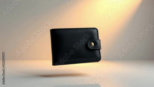 A stylish black leather wallet with a button closure is showcased under a warm spotlight on a neutral background.