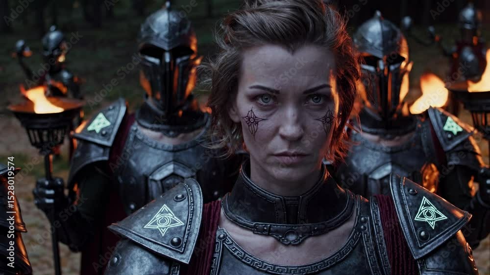 Determined fantasy warrior queen, adorned with face paint and armor, leads her army through a dark forest, illuminated by the flickering flames of torches held by her soldiers