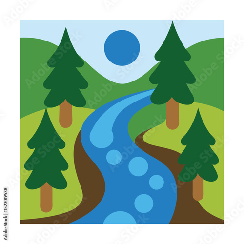 Flat style stream through low forested hills
