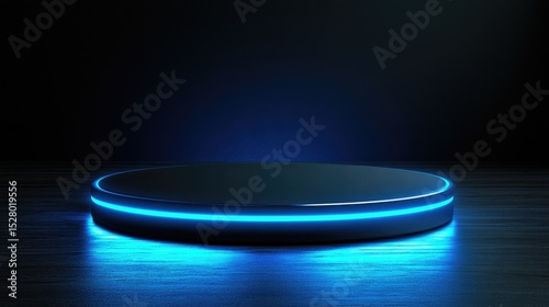 Dark  backdrop with a circular neon blue platform.