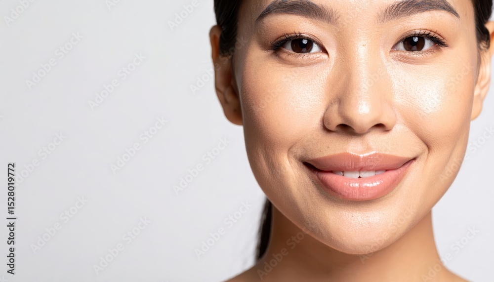 Obraz premium Close-up portrait of a smiling woman with natural makeup, displaying healthy skin and an engaging expression on a light background