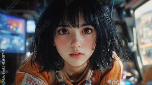 Portrait of a young woman with pale pink hair and dark eyes, dressed in an orange suit, against the background of a futuristic interior. Useful for articles about fashion, movies and modern art.