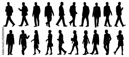 Silhouettes of Business People Walking and Talking Professional Men and Women in Motion for