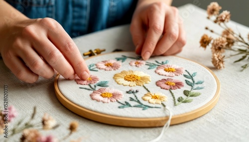 Creating beautiful floral embroidery at a cozy crafting table with natural lighting