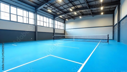 Modern trendy indoor tennis padel court with blue floor, white lines, net. Sport stadium arena with lamps lighting. Empty place for pro tennis game competition. Urban sport, created with generative ai