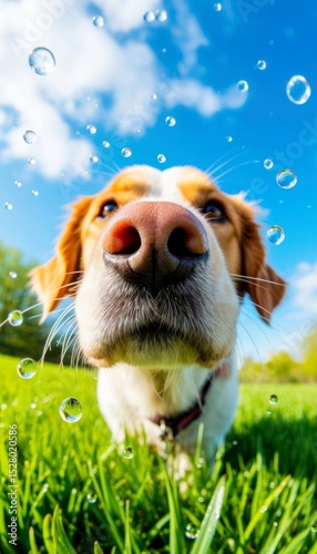 Dog enjoys playtime in the park surrounded by droplets of water under a bright blue sky