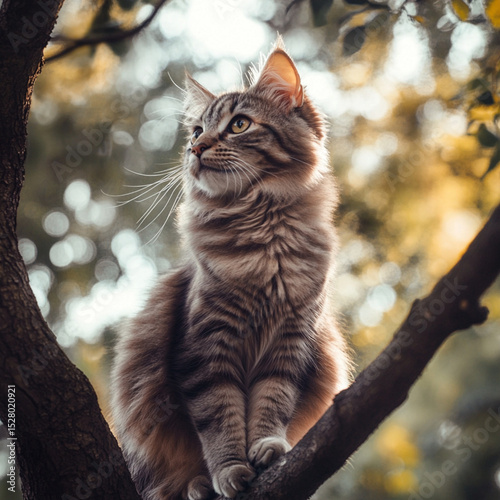 A beautiful fluffy cat is sitting on a tree branch.