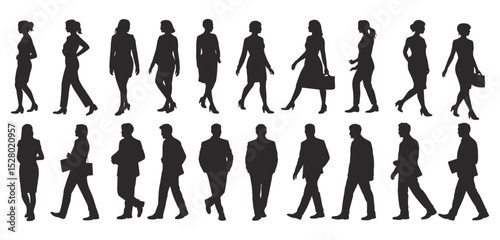 Silhouettes of Business Men and Women Walking Isolated on White Background, Office Professionals in Motion, Corporate Work Commute Concept